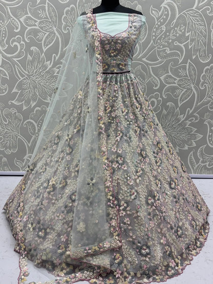 Delightful Green Thread Embroidered Net Designer Lehenga Choli With Dupatta - Zeel Clothing