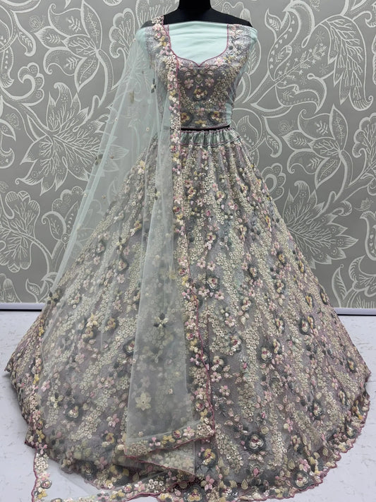 Delightful Green Thread Embroidered Net Designer Lehenga Choli With Dupatta - Zeel Clothing