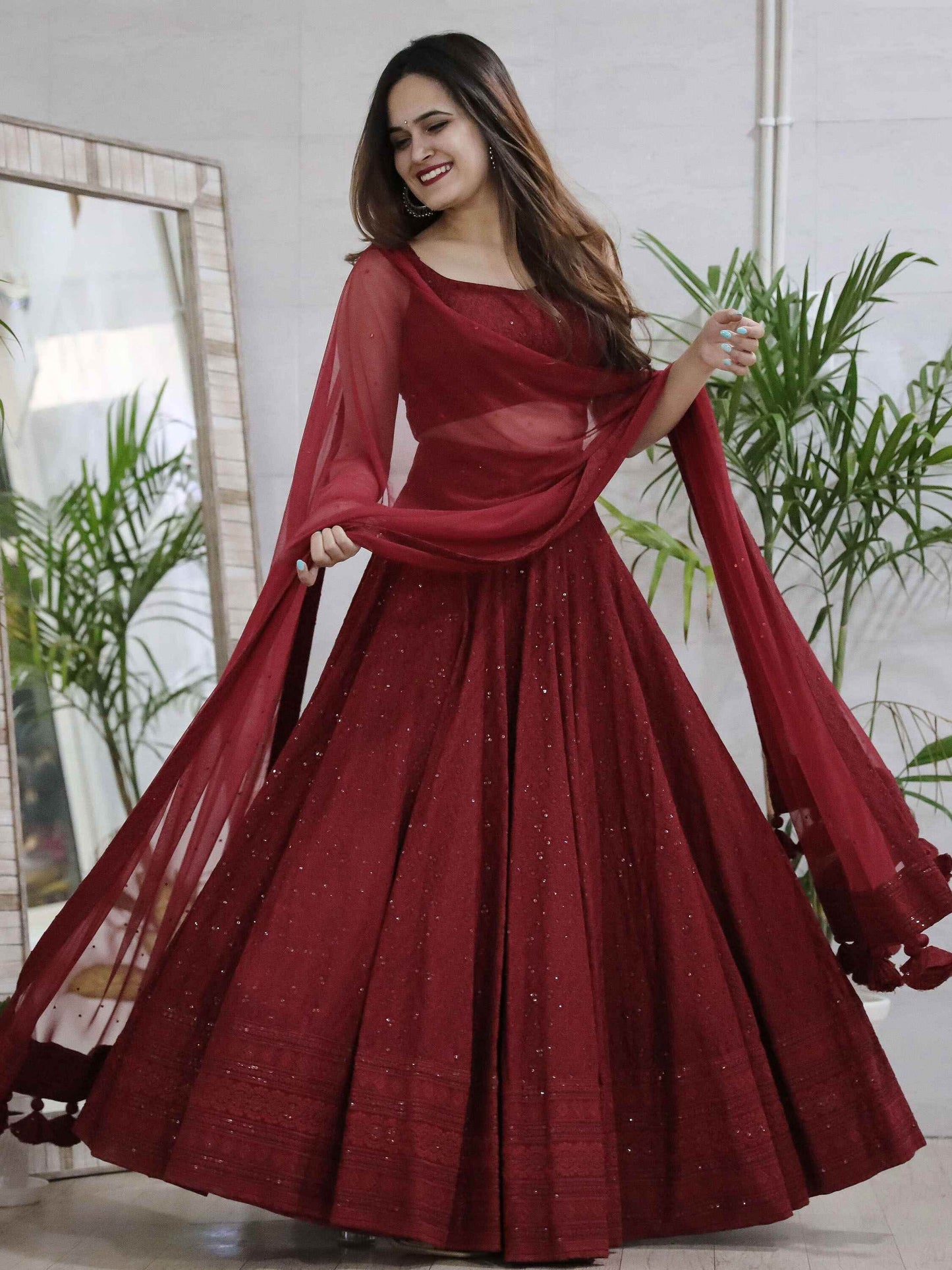 Delightful Maroon Sequins Georgette Wedding Lehenga Choli With Dupatta - Zeel Clothing