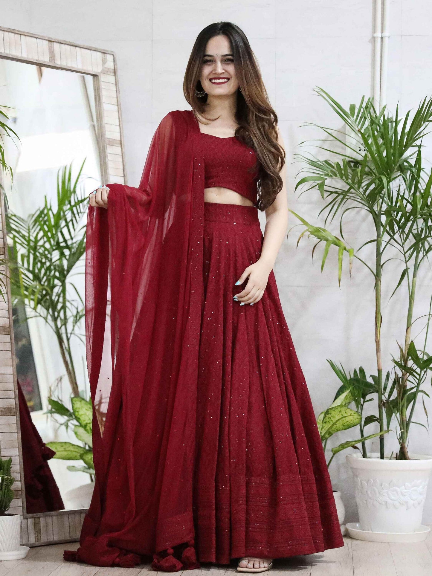 Delightful Maroon Sequins Georgette Wedding Lehenga Choli With Dupatta - Zeel Clothing