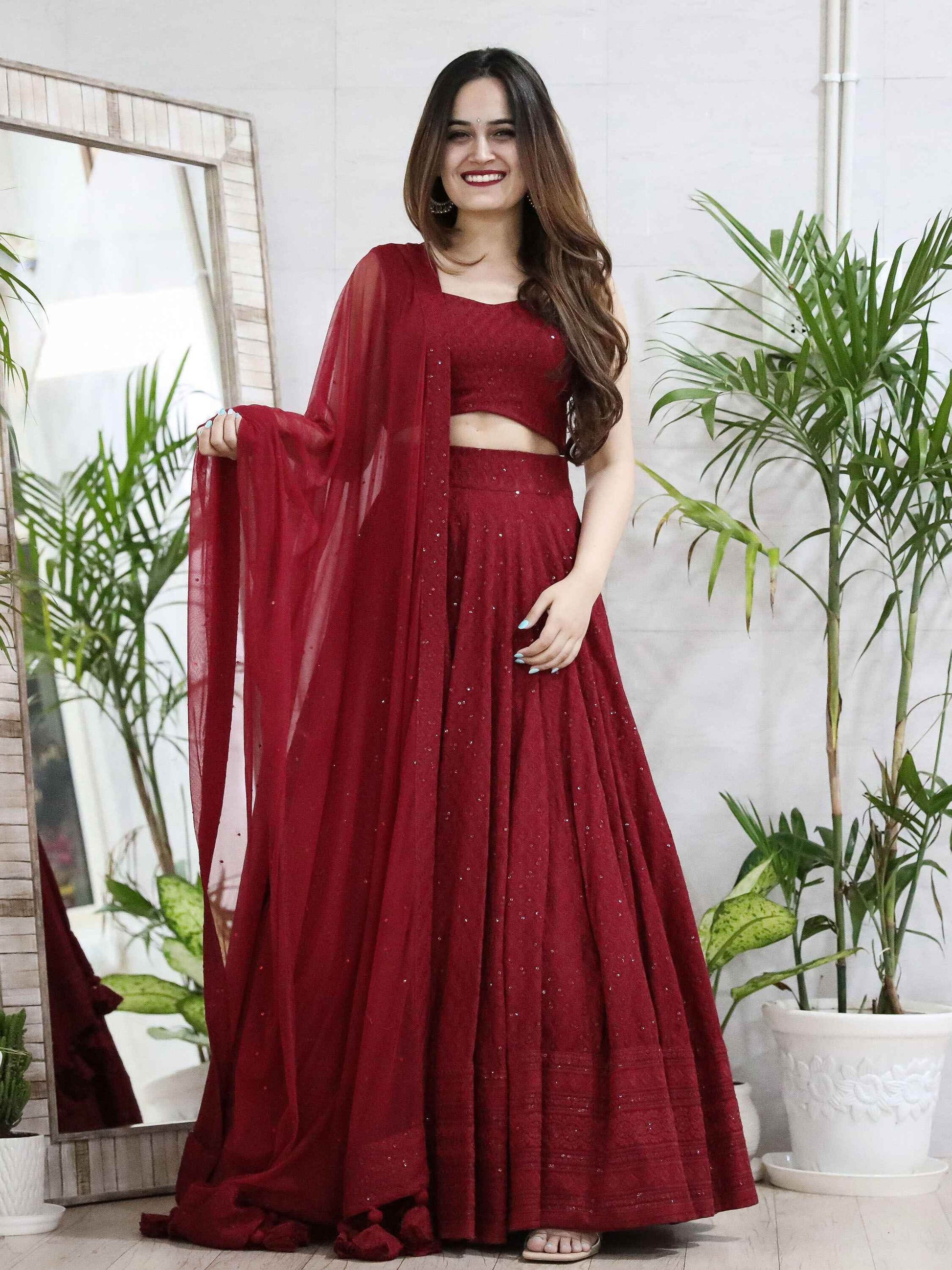 Delightful Maroon Sequins Georgette Wedding Lehenga Choli With Dupatta - Zeel Clothing