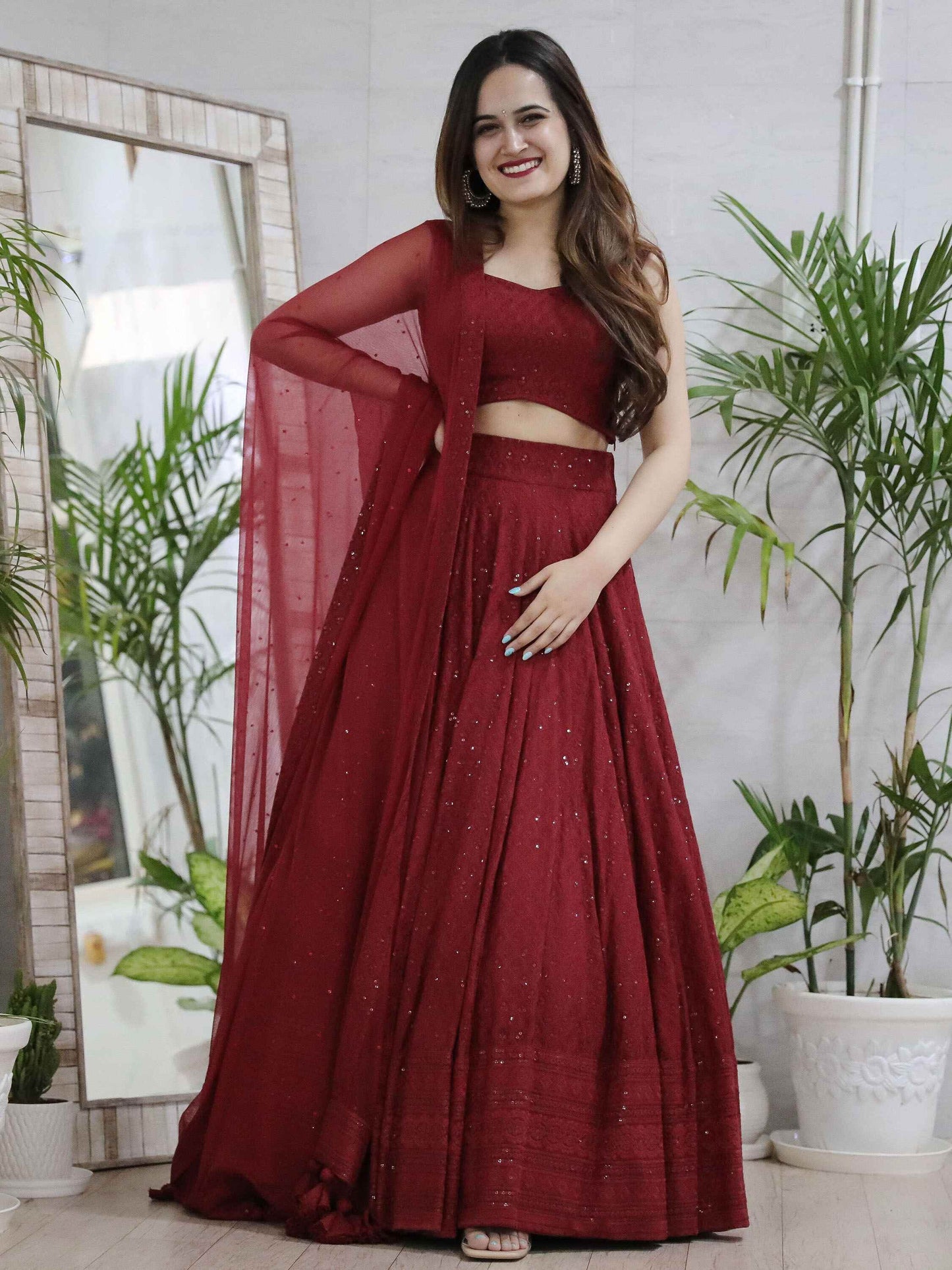 Delightful Maroon Sequins Georgette Wedding Lehenga Choli With Dupatta - Zeel Clothing