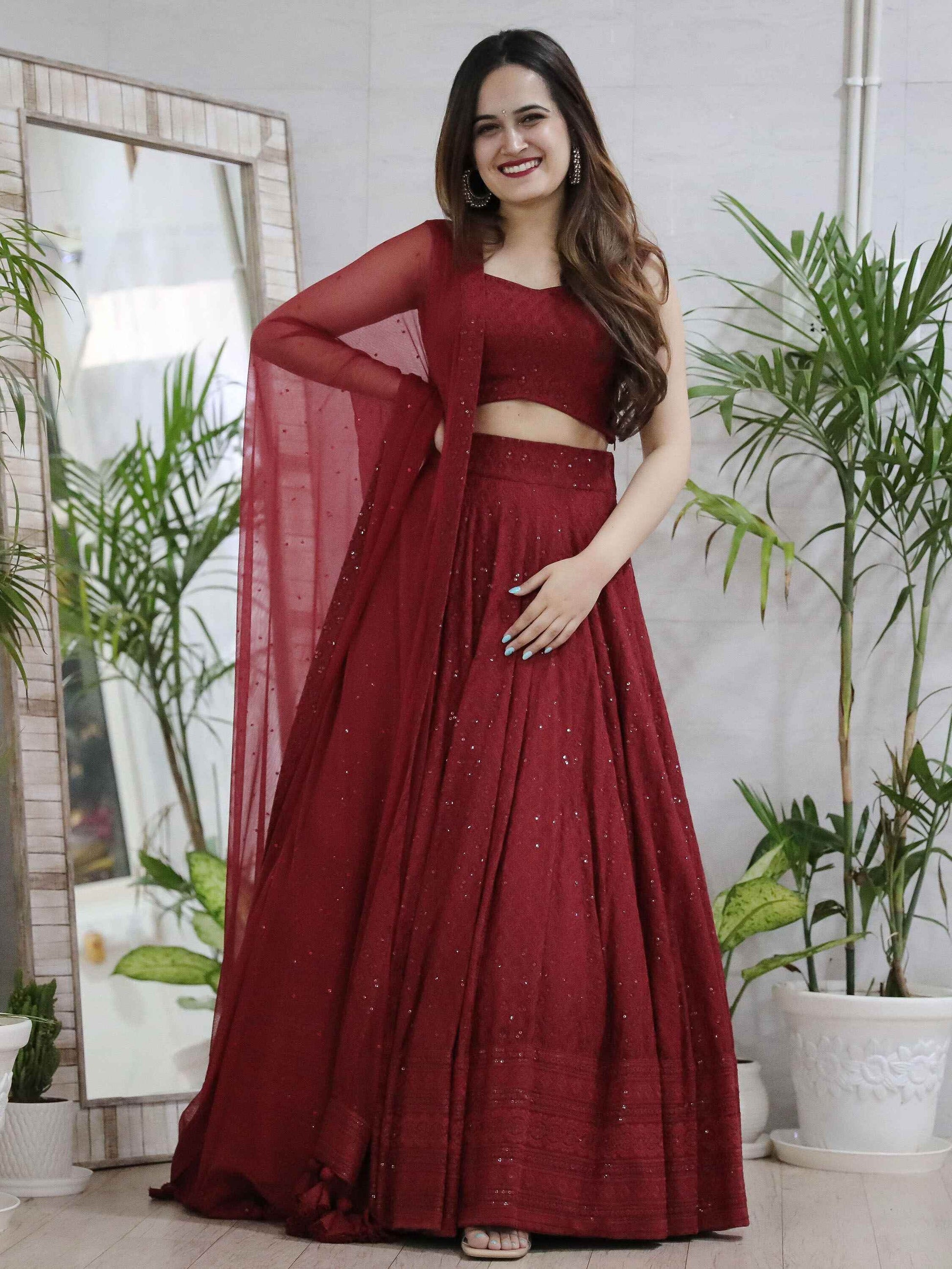 Delightful Maroon Sequins Georgette Wedding Lehenga Choli With Dupatta - Zeel Clothing
