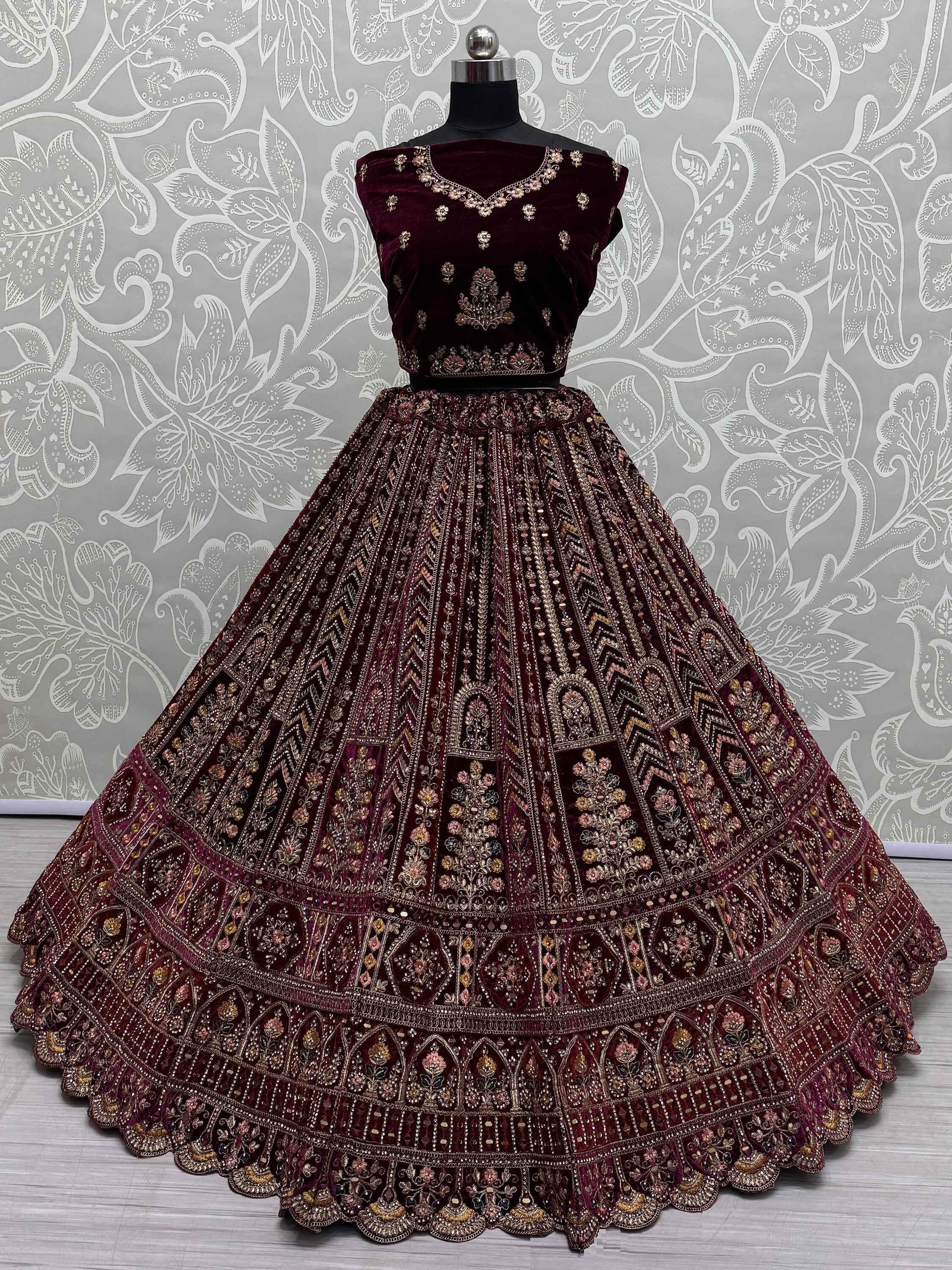 Delightful Maroon Velvet Bridal Lehenga Choli With Double Dupatta - Zeel Clothing