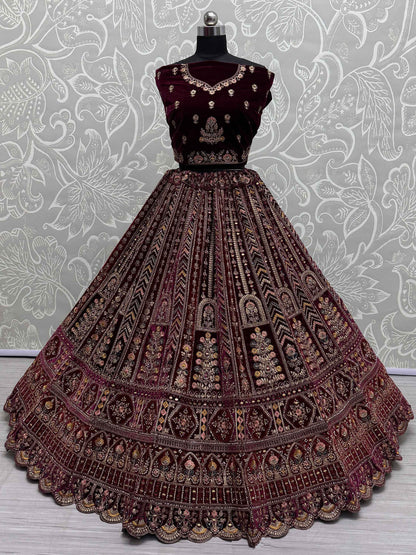 Delightful Maroon Velvet Bridal Lehenga Choli With Double Dupatta - Zeel Clothing