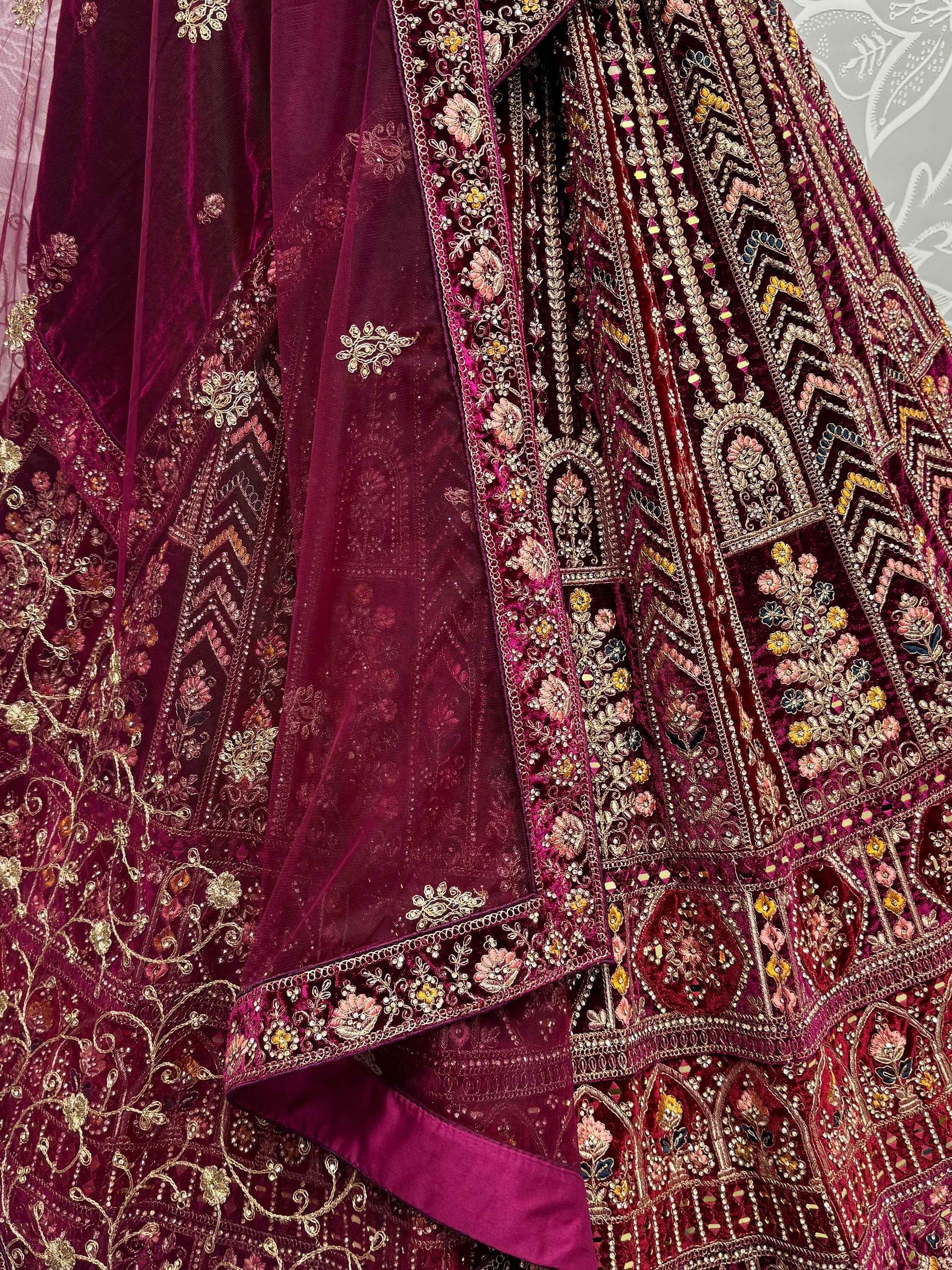Delightful Maroon Velvet Bridal Lehenga Choli With Double Dupatta - Zeel Clothing