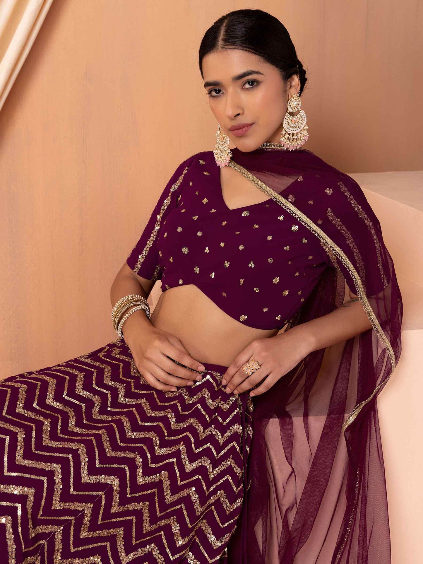 Delightful Maroon Zari Embroidered Georgette Wedding Lehenga Choli - Zeel Clothing