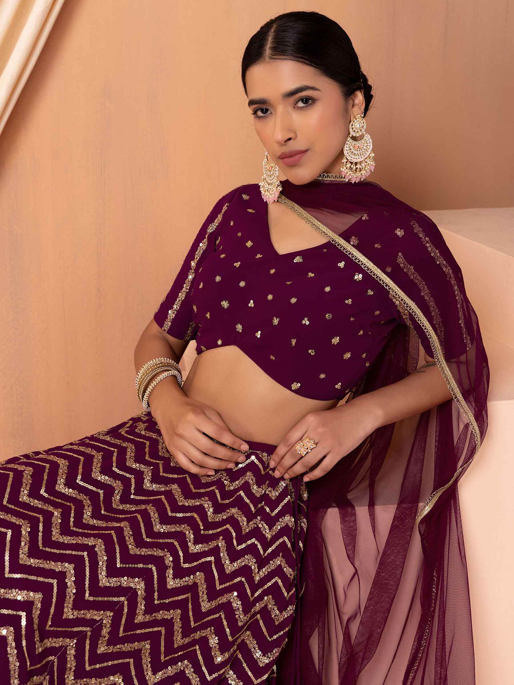 Delightful Maroon Zari Embroidered Georgette Wedding Lehenga Choli - Zeel Clothing