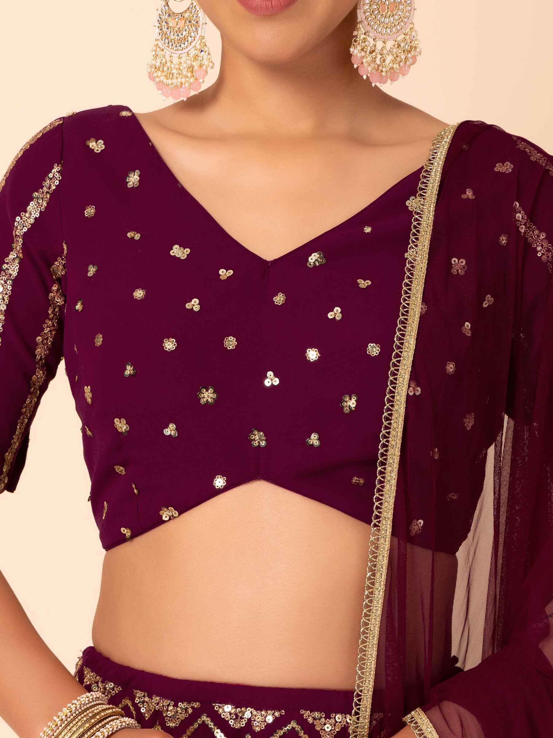 Delightful Maroon Zari Embroidered Georgette Wedding Lehenga Choli - Zeel Clothing