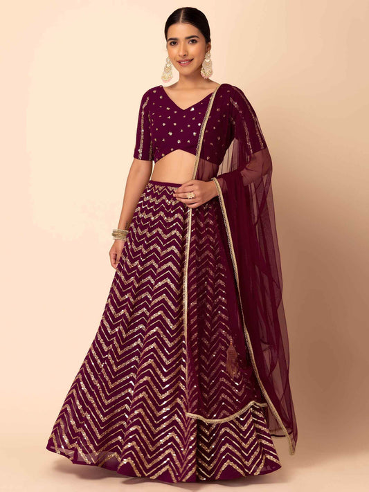 Delightful Maroon Zari Embroidered Georgette Wedding Lehenga Choli - Zeel Clothing