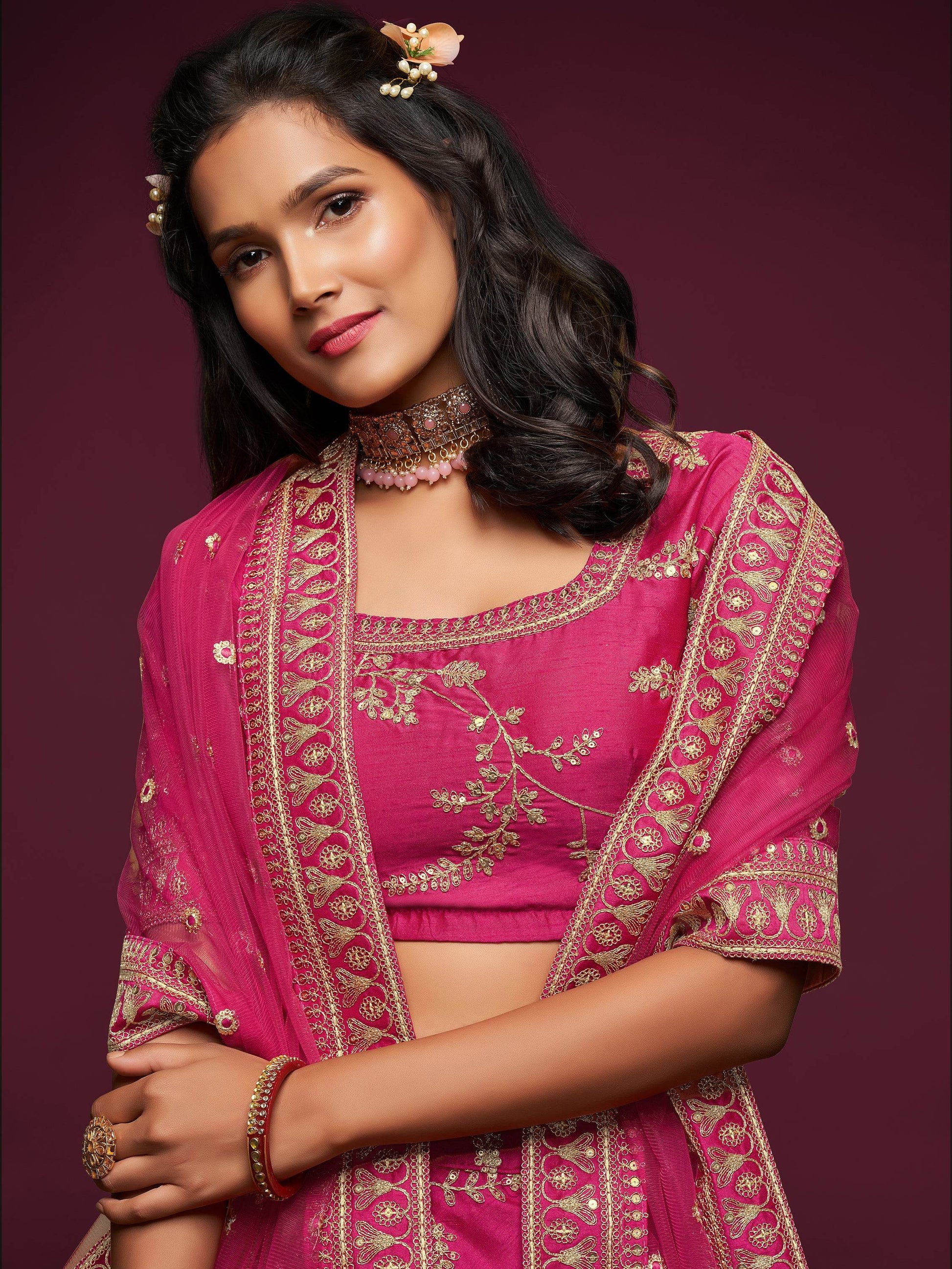 Delightful Pink Thread Embroidery Art Silk Wedding Lehenga Choli - Zeel Clothing