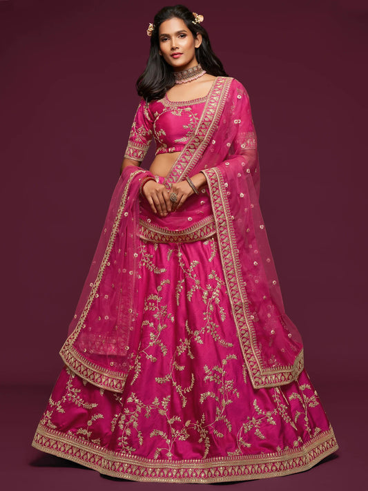 Delightful Pink Thread Embroidery Art Silk Wedding Lehenga Choli - Zeel Clothing
