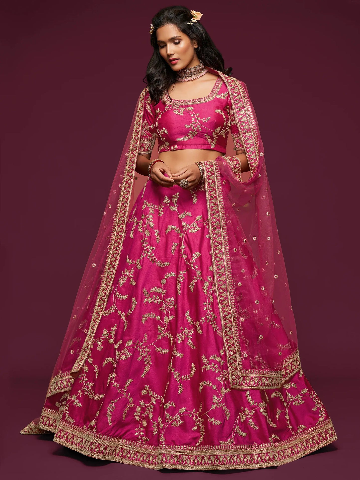 Delightful Pink Thread Embroidery Art Silk Wedding Lehenga Choli - Zeel Clothing