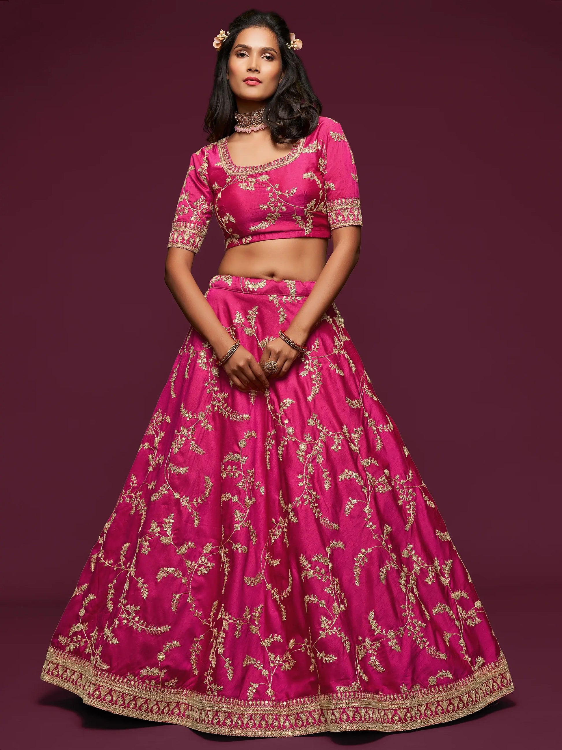 Delightful Pink Thread Embroidery Art Silk Wedding Lehenga Choli - Zeel Clothing