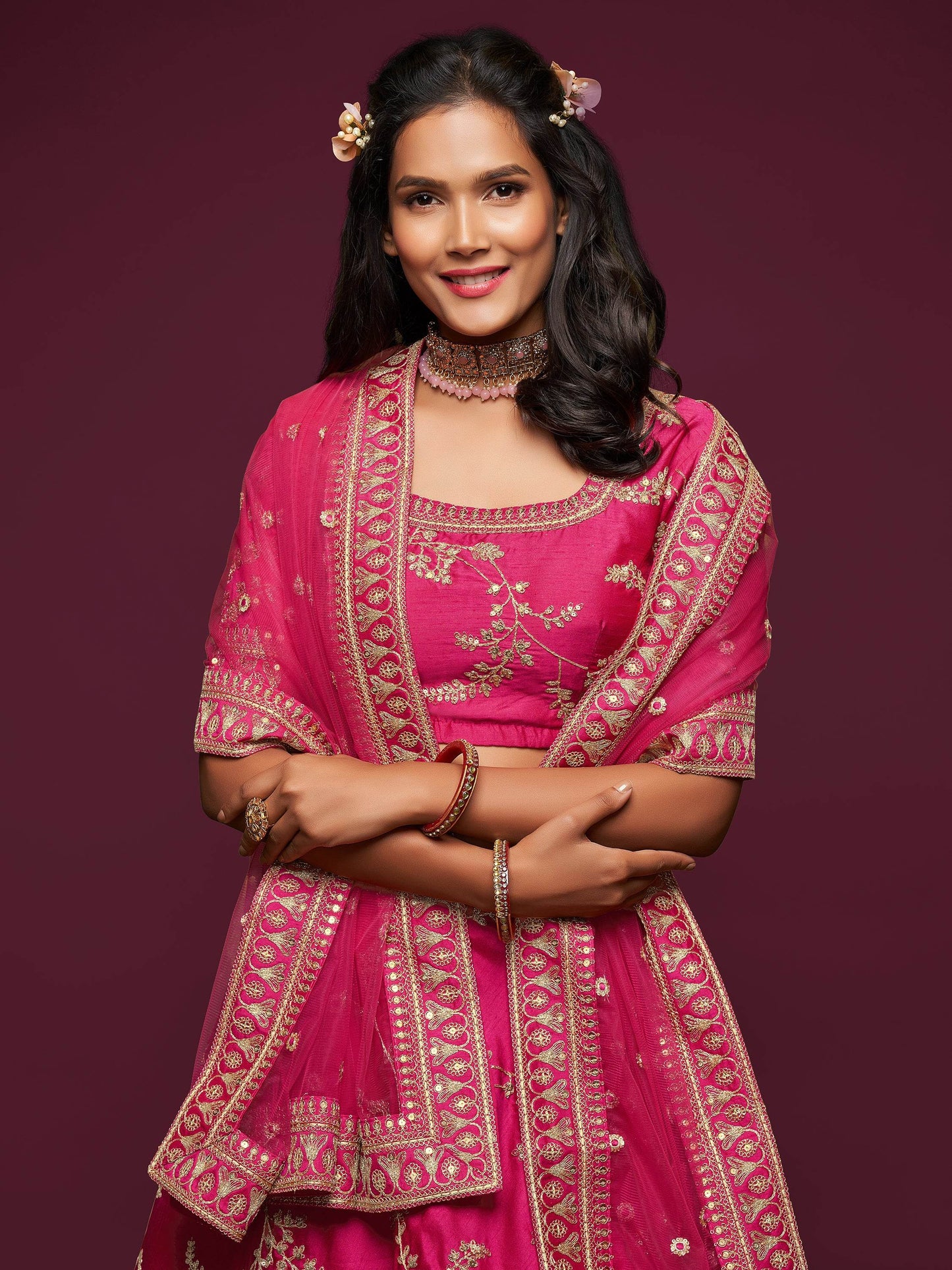 Delightful Pink Thread Embroidery Art Silk Wedding Lehenga Choli - Zeel Clothing