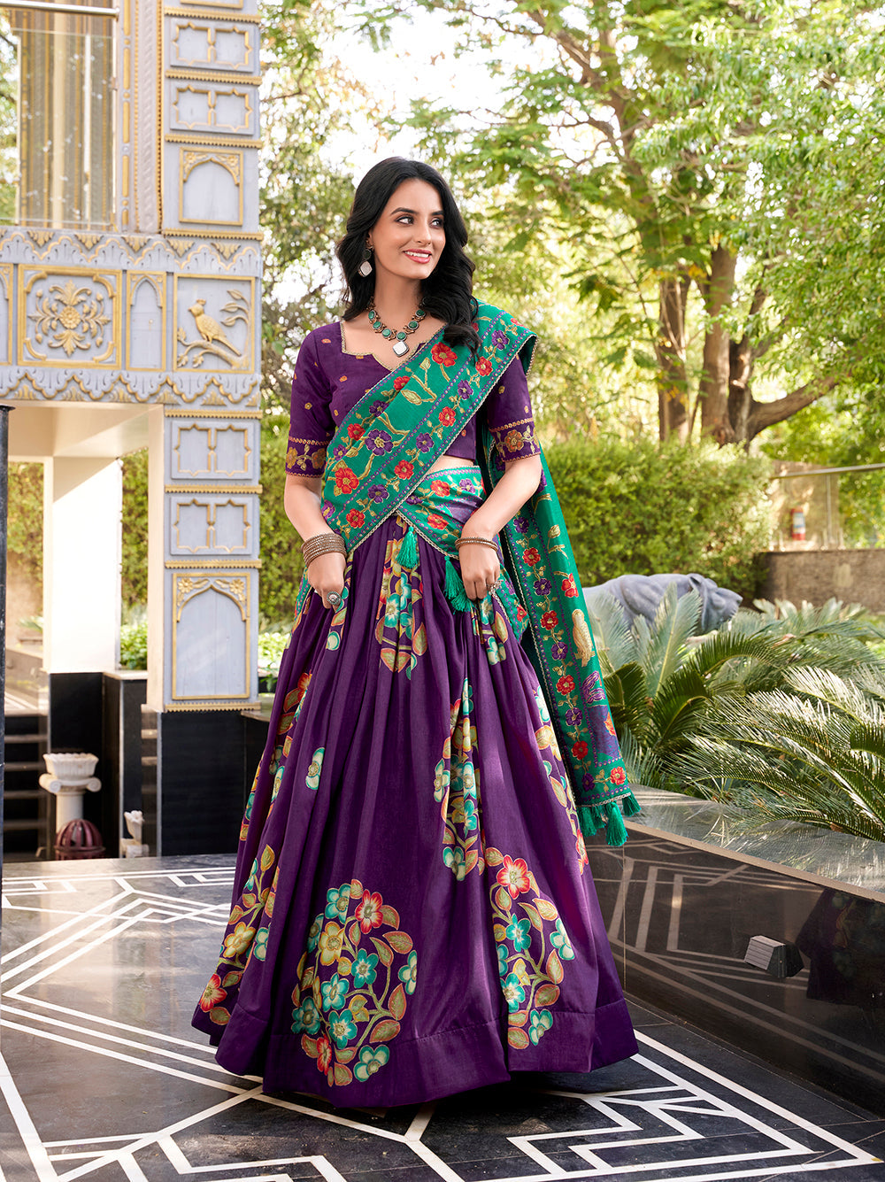 Purple Color Printed And Foil Work Tussar Silk Lehenga Choli