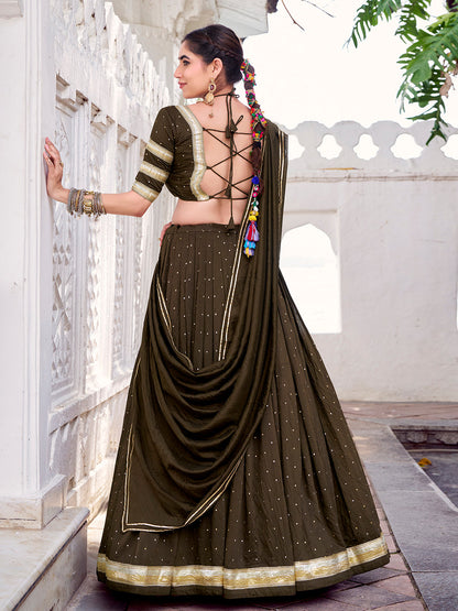 Mehendi Color Zari Weaving Work With Embossed Design Chanderi Lehenga Choli