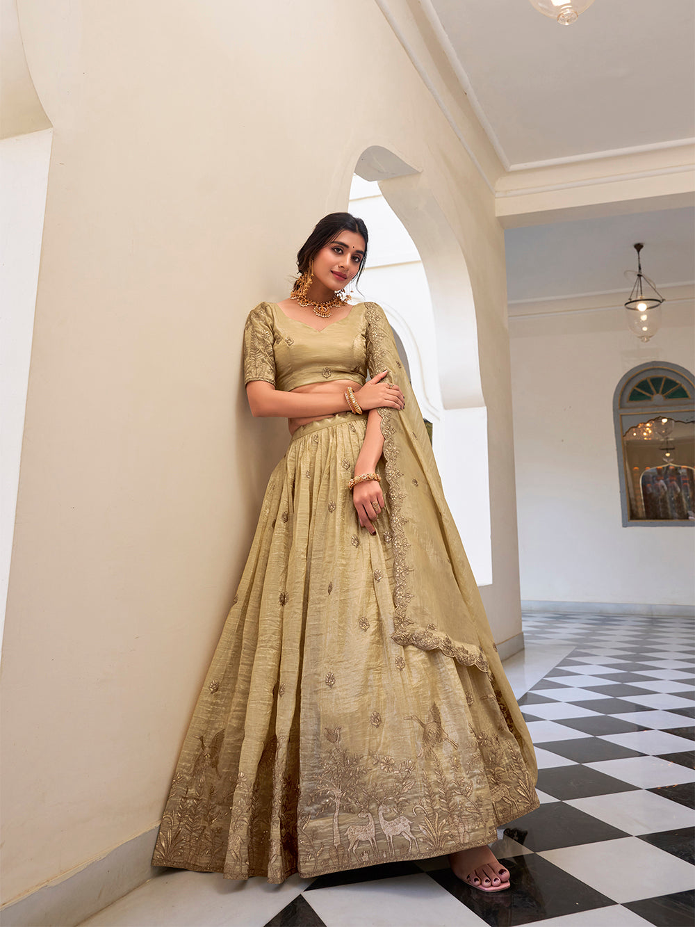 Off White Color Sequins and Thread Embroidery Work Gold Crush Lehenga Choli