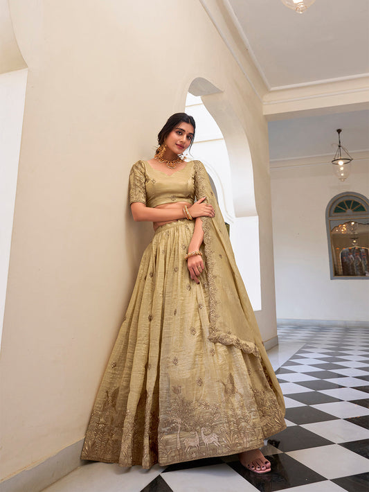 Off White Color Sequins and Thread Embroidery Work Gold Crush Lehenga Choli