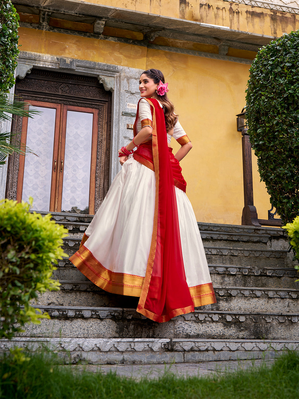 White Color Zari Weaving Work Poly Cotton Lehenga choli