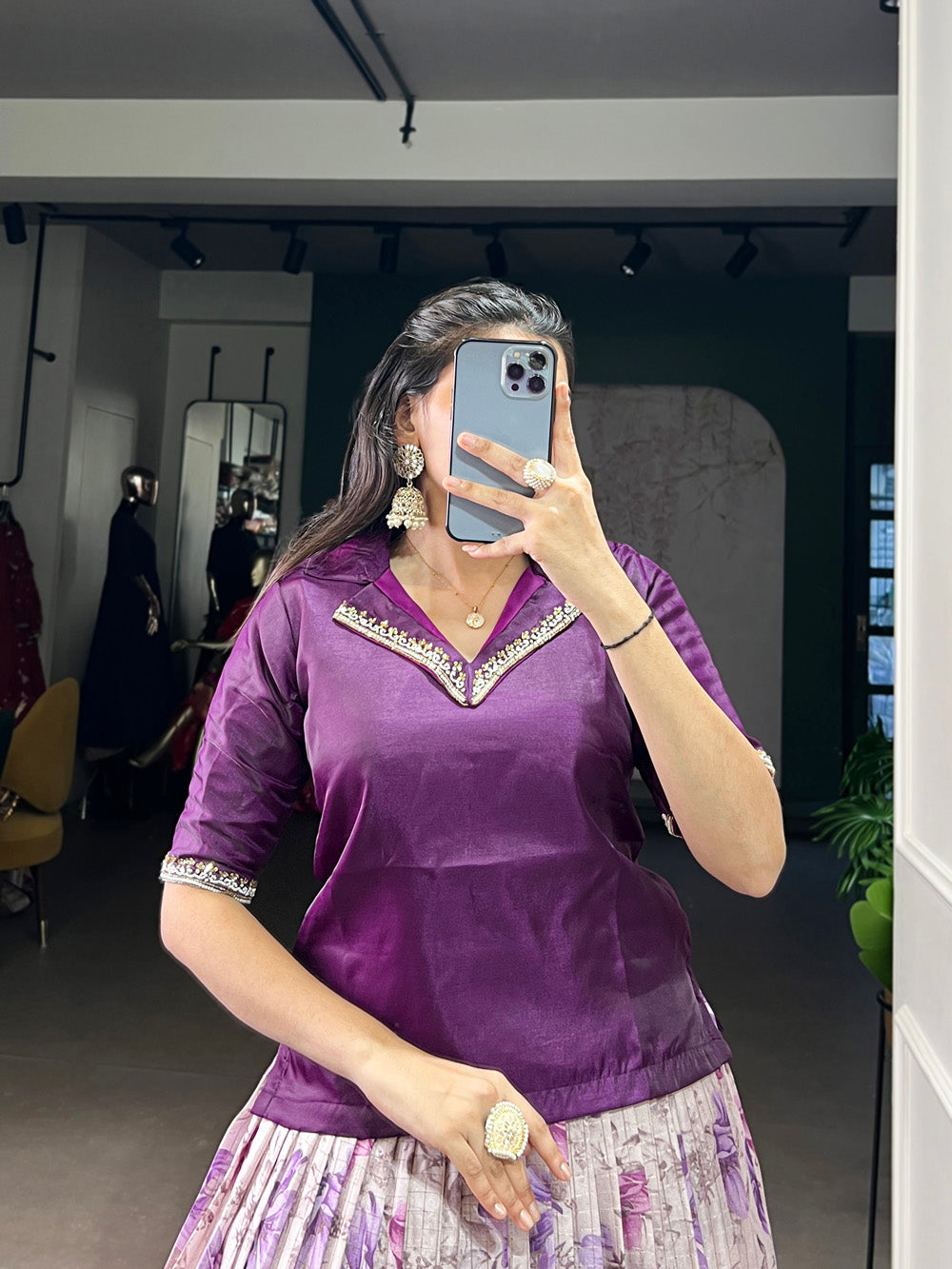 Purple Color Floral Print With Zari Weaving Work Dola Chex Co-Ord Set