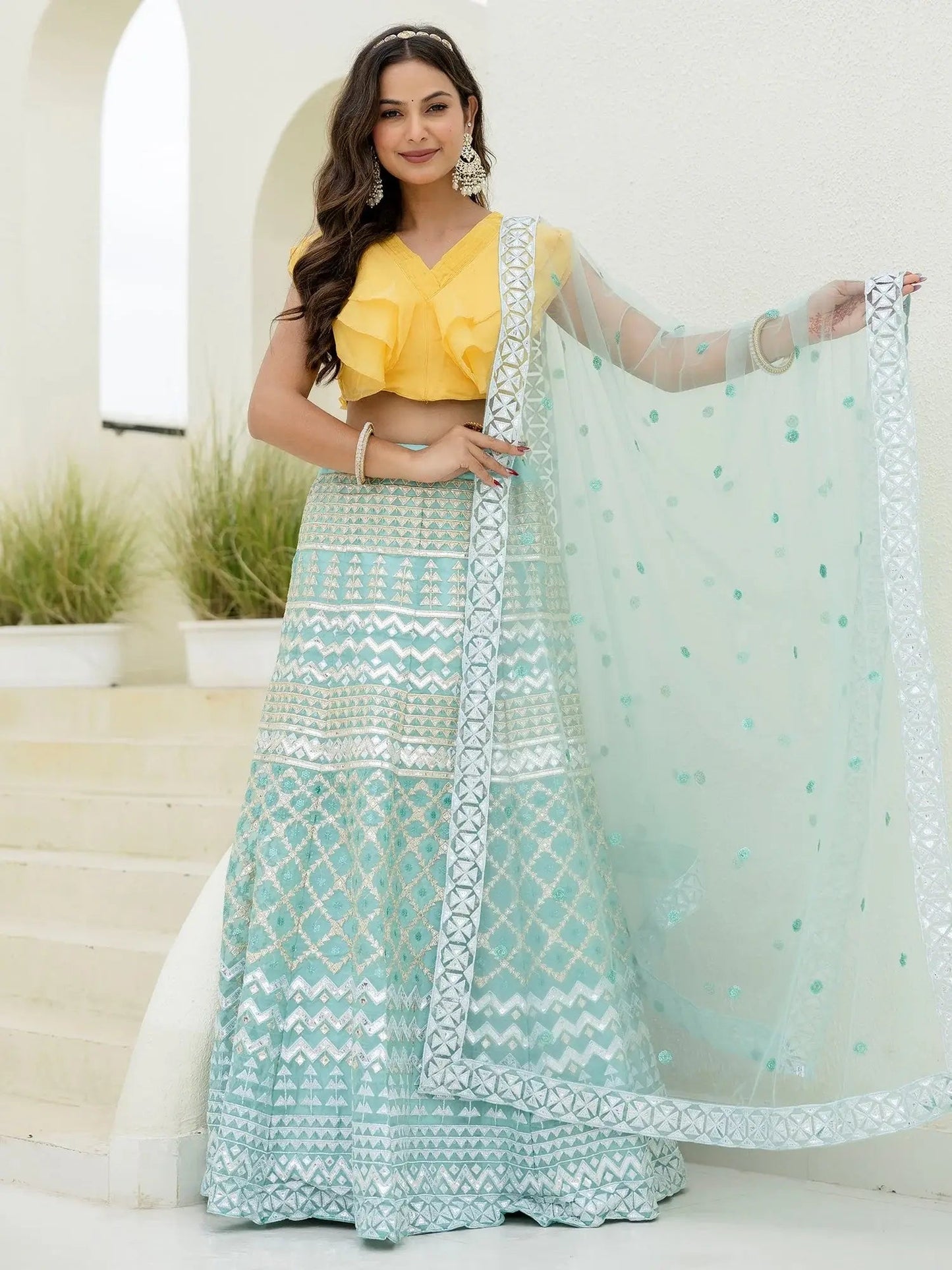 Dreamy Sky Blue Foil Embroidered Organza Party Wear Lehenga With Blouse - Zeel Clothing