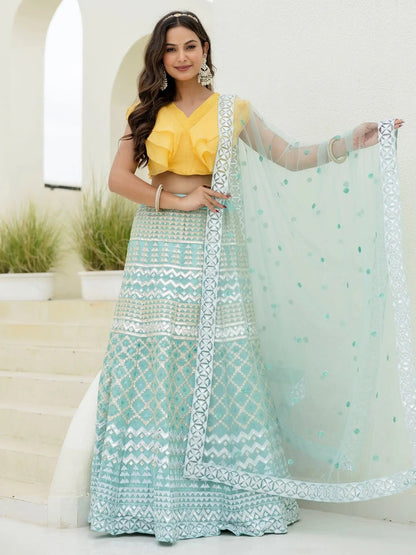 Dreamy Sky Blue Foil Embroidered Organza Party Wear Lehenga With Blouse - Zeel Clothing