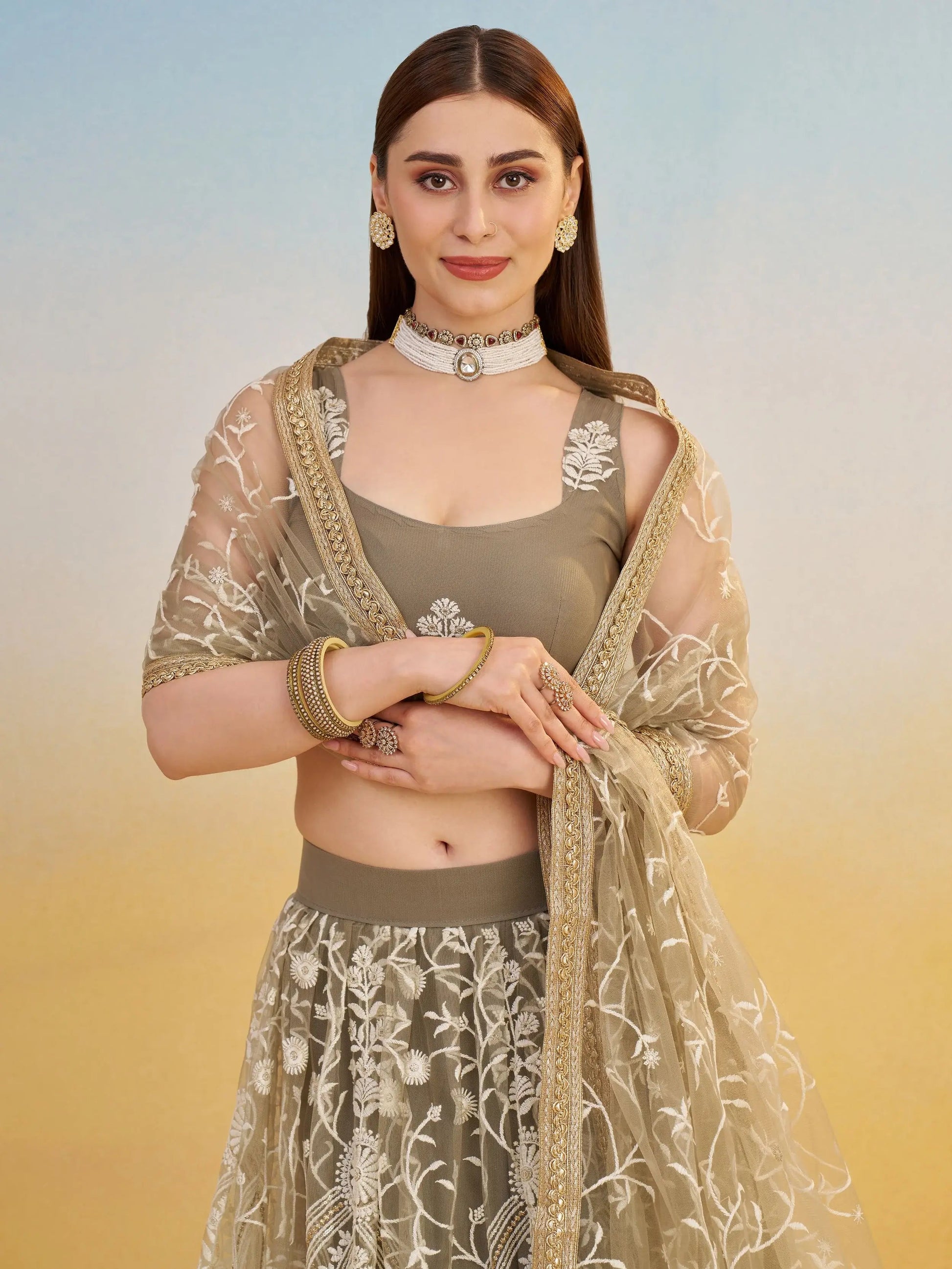 Elegant Brown Embroidered Net Wedding Wear Lehenga Choli With Dupatta - Zeel Clothing