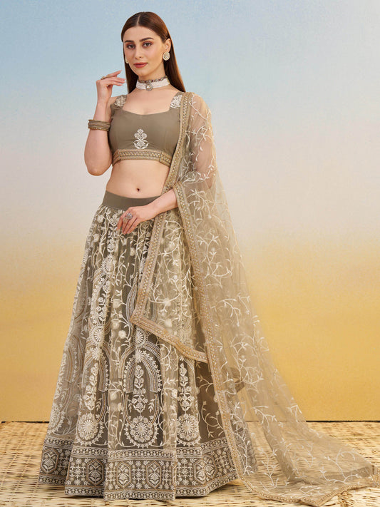 Elegant Brown Embroidered Net Wedding Wear Lehenga Choli With Dupatta - Zeel Clothing