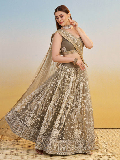 Elegant Brown Embroidered Net Wedding Wear Lehenga Choli With Dupatta - Zeel Clothing