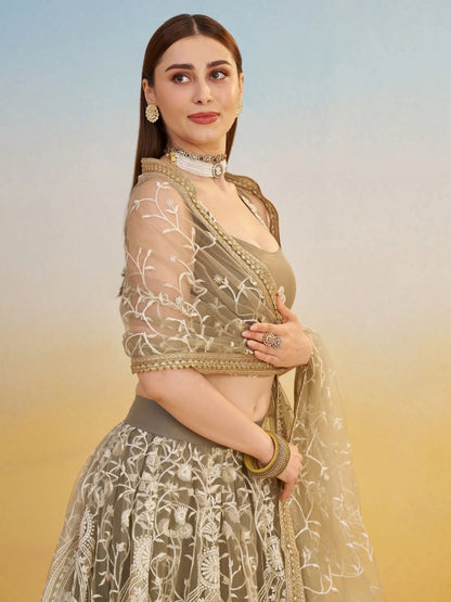 Elegant Brown Embroidered Net Wedding Wear Lehenga Choli With Dupatta - Zeel Clothing