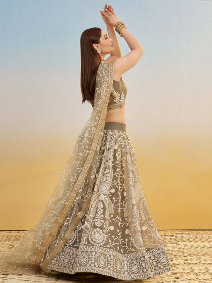 Elegant Brown Embroidered Net Wedding Wear Lehenga Choli With Dupatta - Zeel Clothing