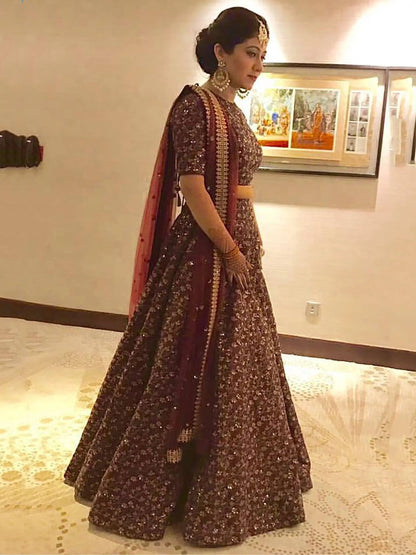 Elegant Maroon Colored Designer Heavy Embroidered Raw Silk Lehenga - Zeel Clothing