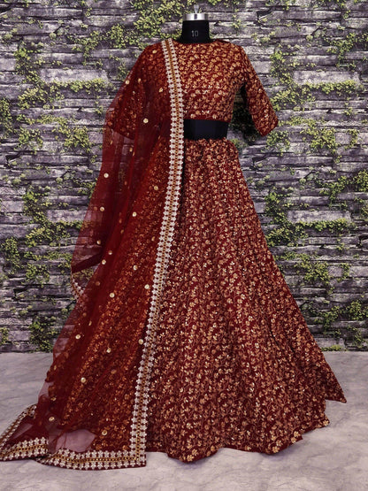 Elegant Maroon Colored Designer Heavy Embroidered Raw Silk Lehenga - Zeel Clothing