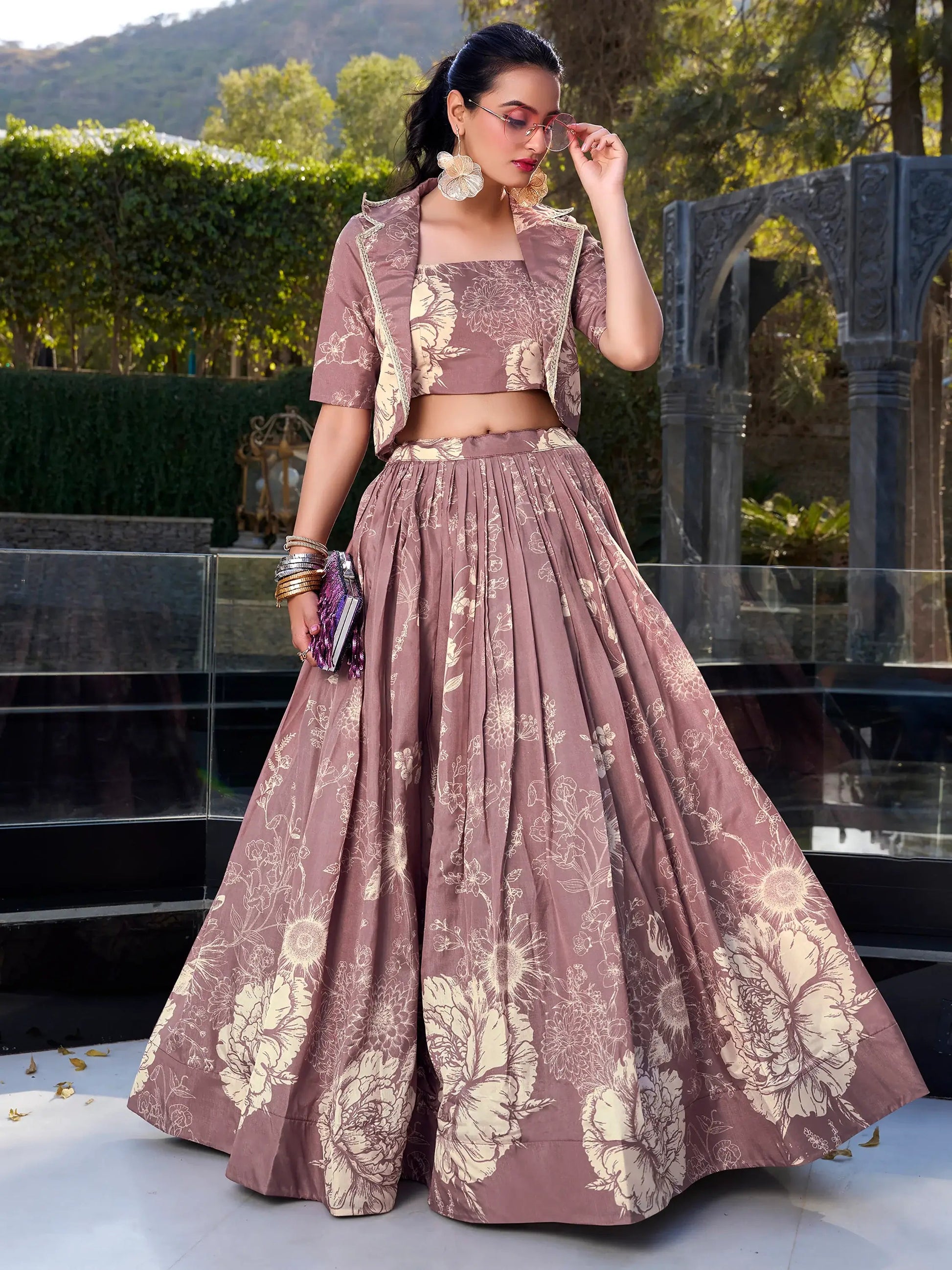 Elegant Mauve Floral Printed Silk Designer Crop Top Lehenga With Jacket - Zeel Clothing