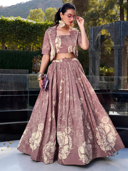 Elegant Mauve Floral Printed Silk Designer Crop Top Lehenga With Jacket - Zeel Clothing