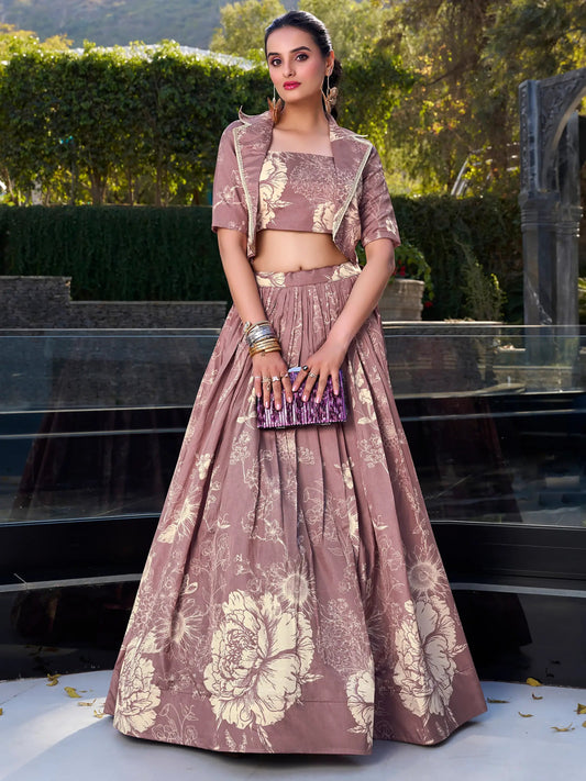 Elegant Mauve Floral Printed Silk Designer Crop Top Lehenga With Jacket - Zeel Clothing