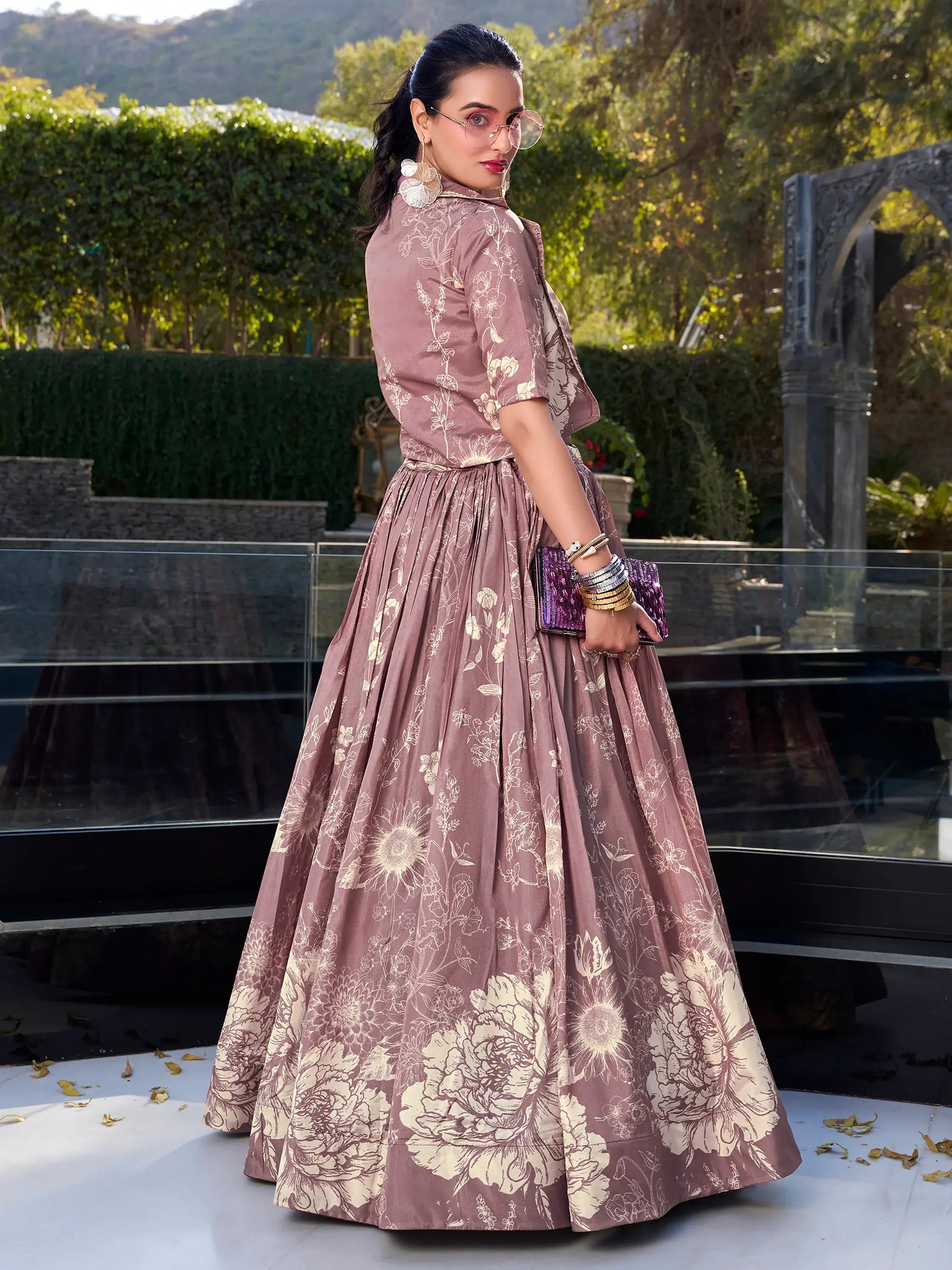 Elegant Mauve Floral Printed Silk Designer Crop Top Lehenga With Jacket - Zeel Clothing