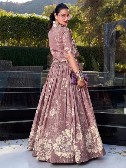 Elegant Mauve Floral Printed Silk Designer Crop Top Lehenga With Jacket - Zeel Clothing