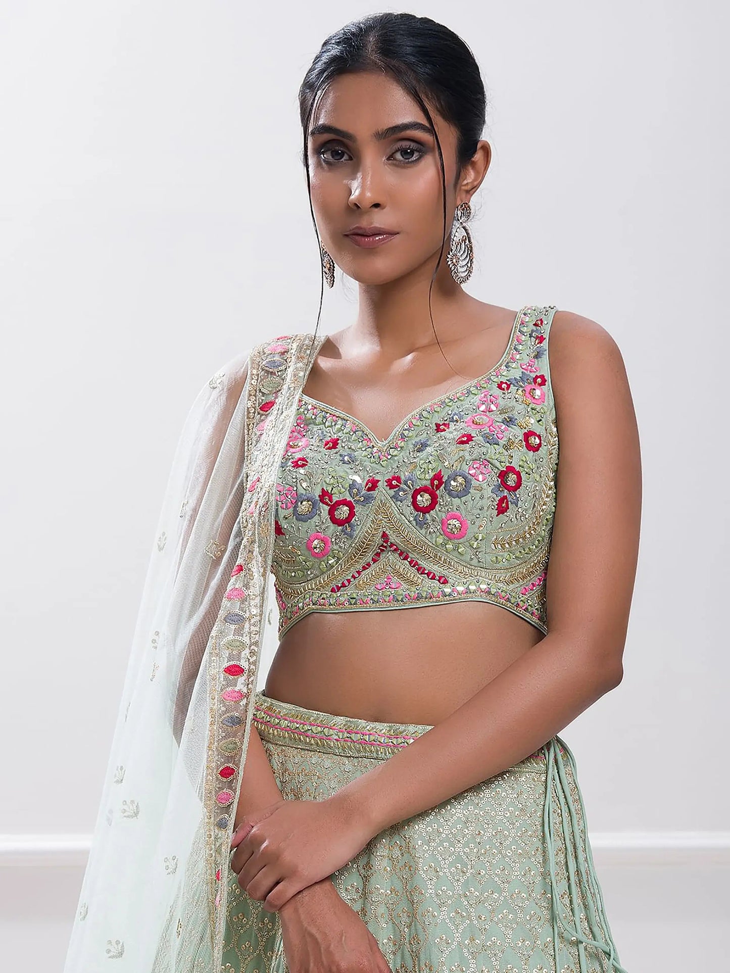 Elegant Pista Green Sequin Georgette Reception Wear Lehenga Choli - Zeel Clothing