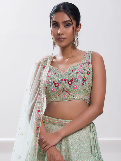 Elegant Pista Green Sequin Georgette Reception Wear Lehenga Choli - Zeel Clothing