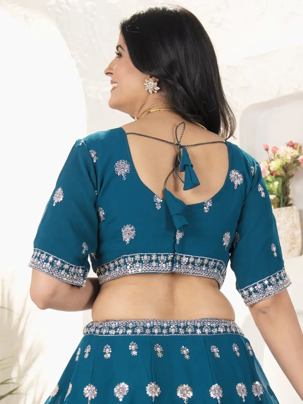 Elegant Teal Blue Sequins Work Georgette Wedding Wear Lehenga Choli With Dupatta - Zeel Clothing