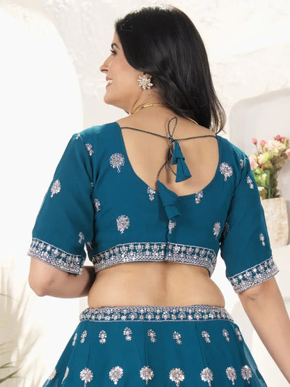 Elegant Teal Blue Sequins Work Georgette Wedding Wear Lehenga Choli With Dupatta - Zeel Clothing