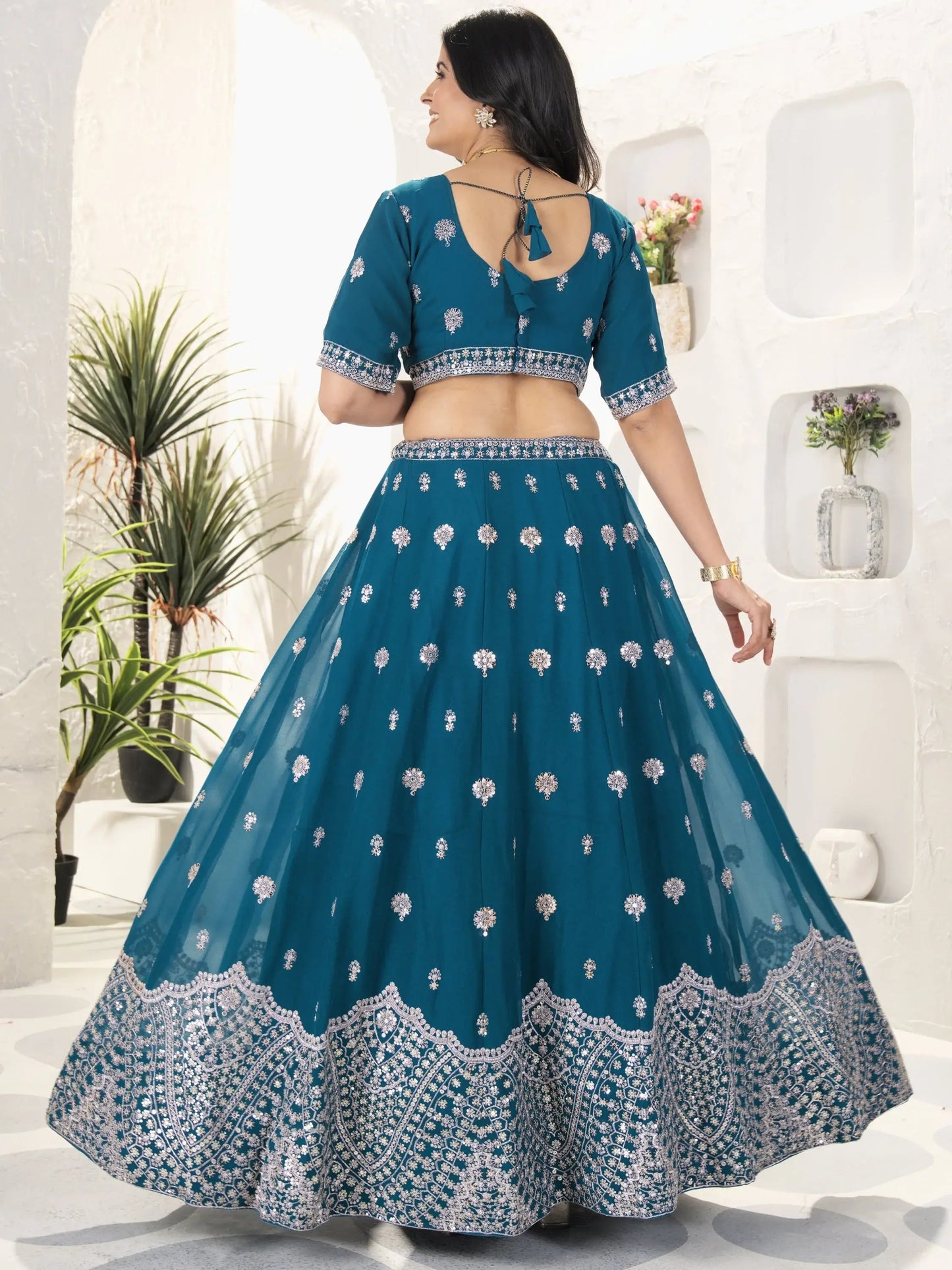 Elegant Teal Blue Sequins Work Georgette Wedding Wear Lehenga Choli With Dupatta - Zeel Clothing