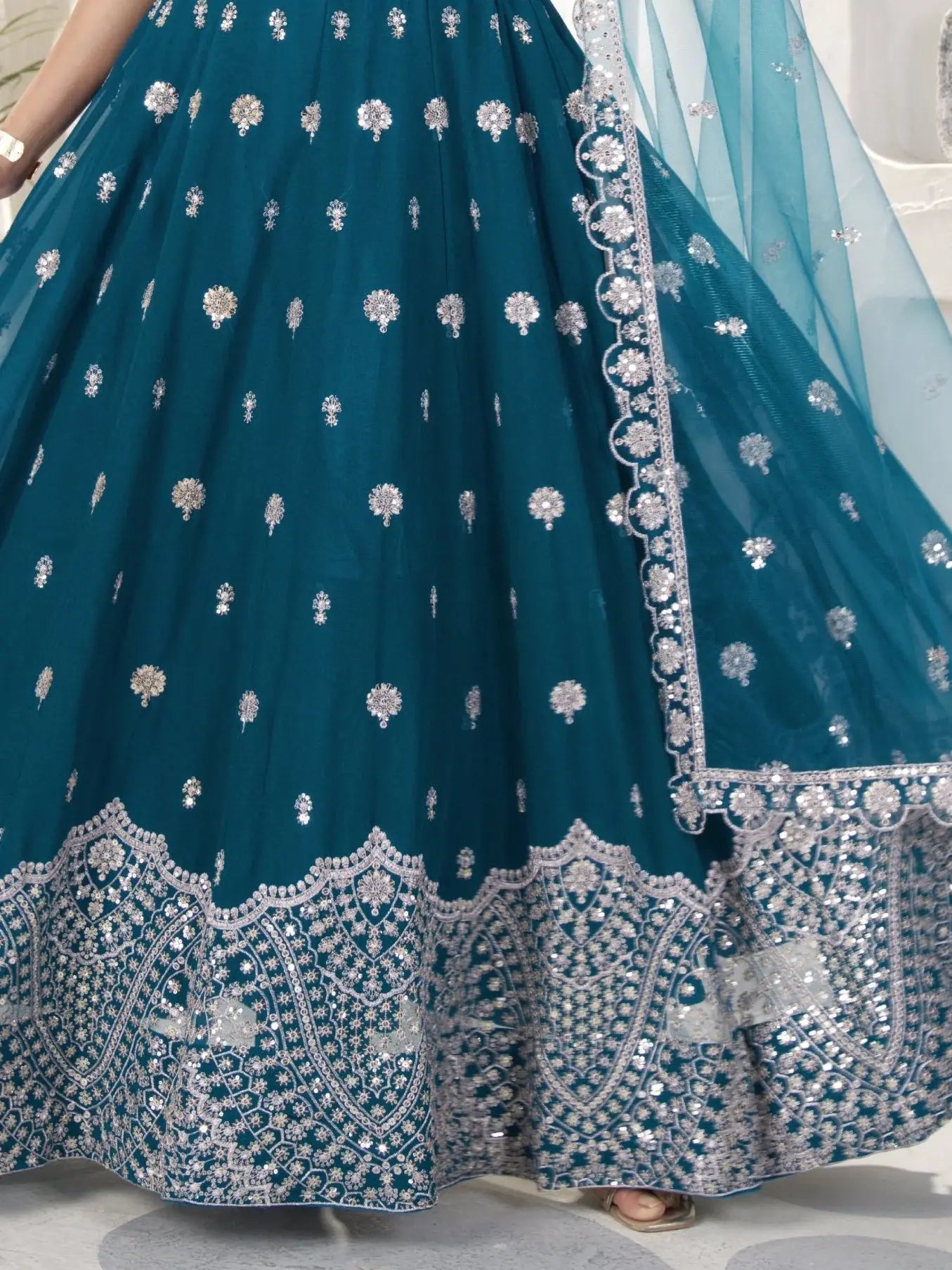 Elegant Teal Blue Sequins Work Georgette Wedding Wear Lehenga Choli With Dupatta - Zeel Clothing