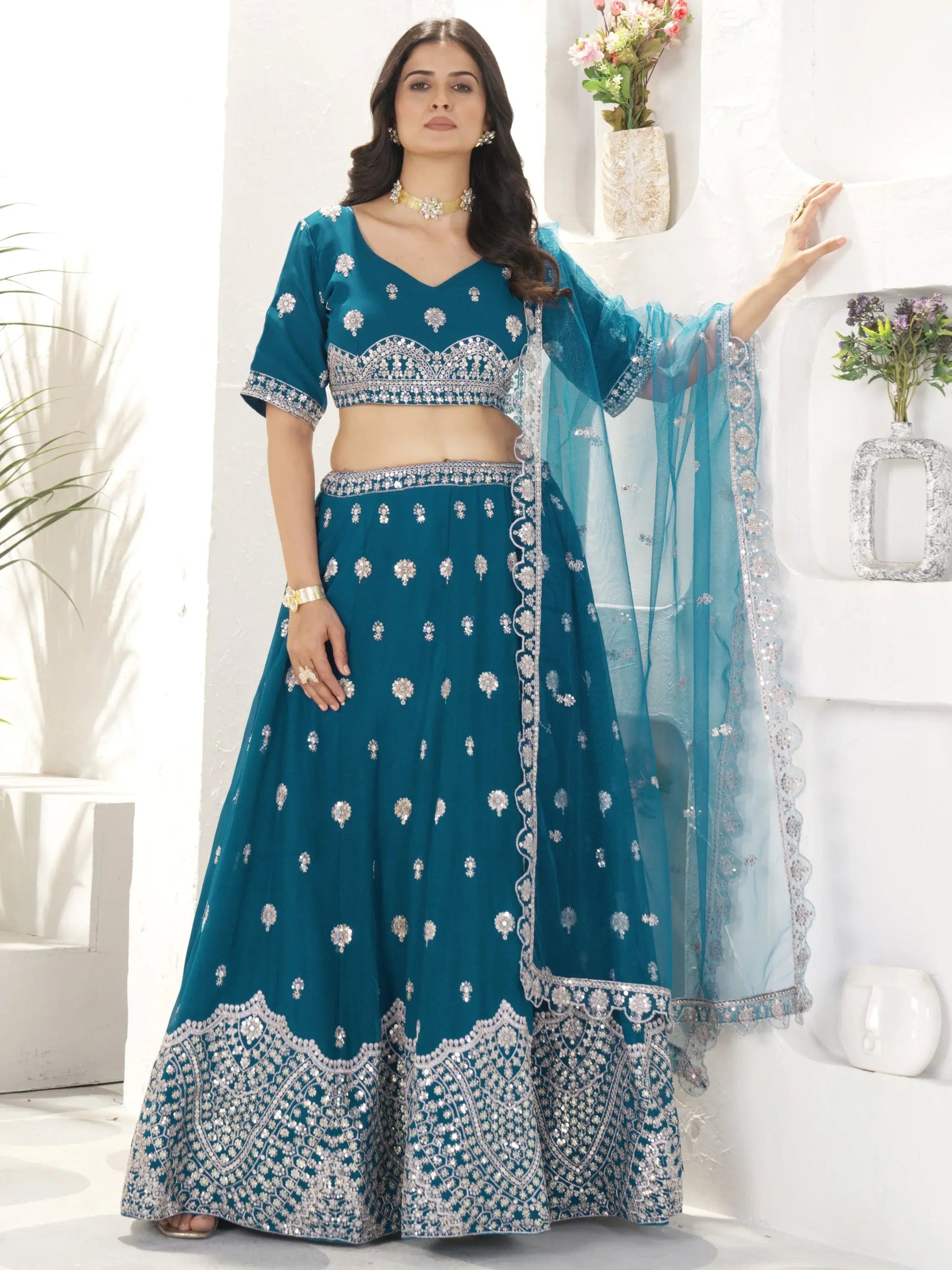 Elegant Teal Blue Sequins Work Georgette Wedding Wear Lehenga Choli With Dupatta - Zeel Clothing