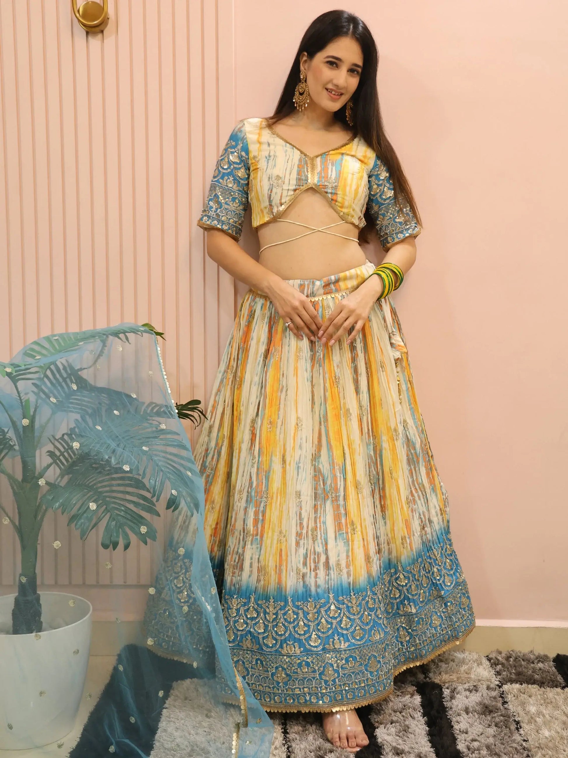 Elegant White & Blue Sequins Chinon Festive Wear Lehenga Choli - Zeel Clothing