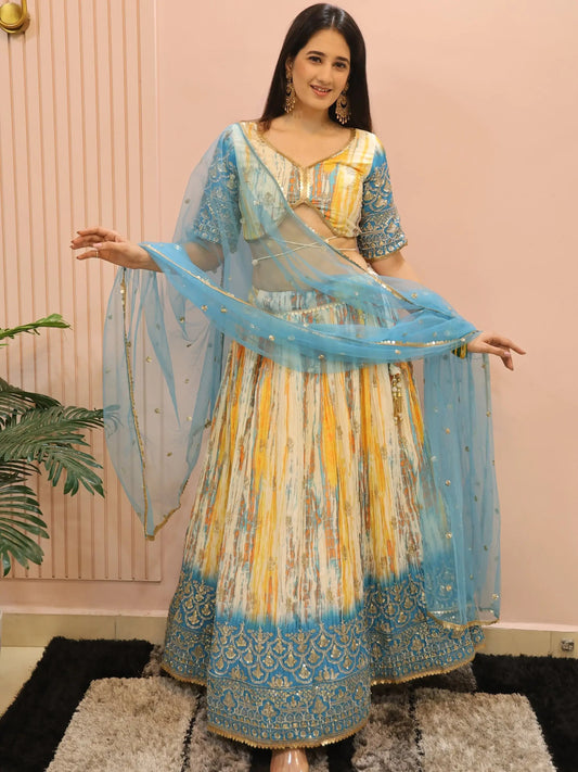 Elegant White & Blue Sequins Chinon Festive Wear Lehenga Choli - Zeel Clothing
