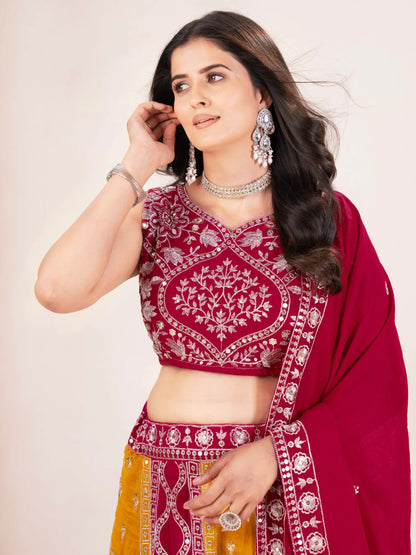 Elegant Yellow-Red Embroidered Vichitra Silk Wedding Lehenga Choli With Dupatta - Zeel Clothing