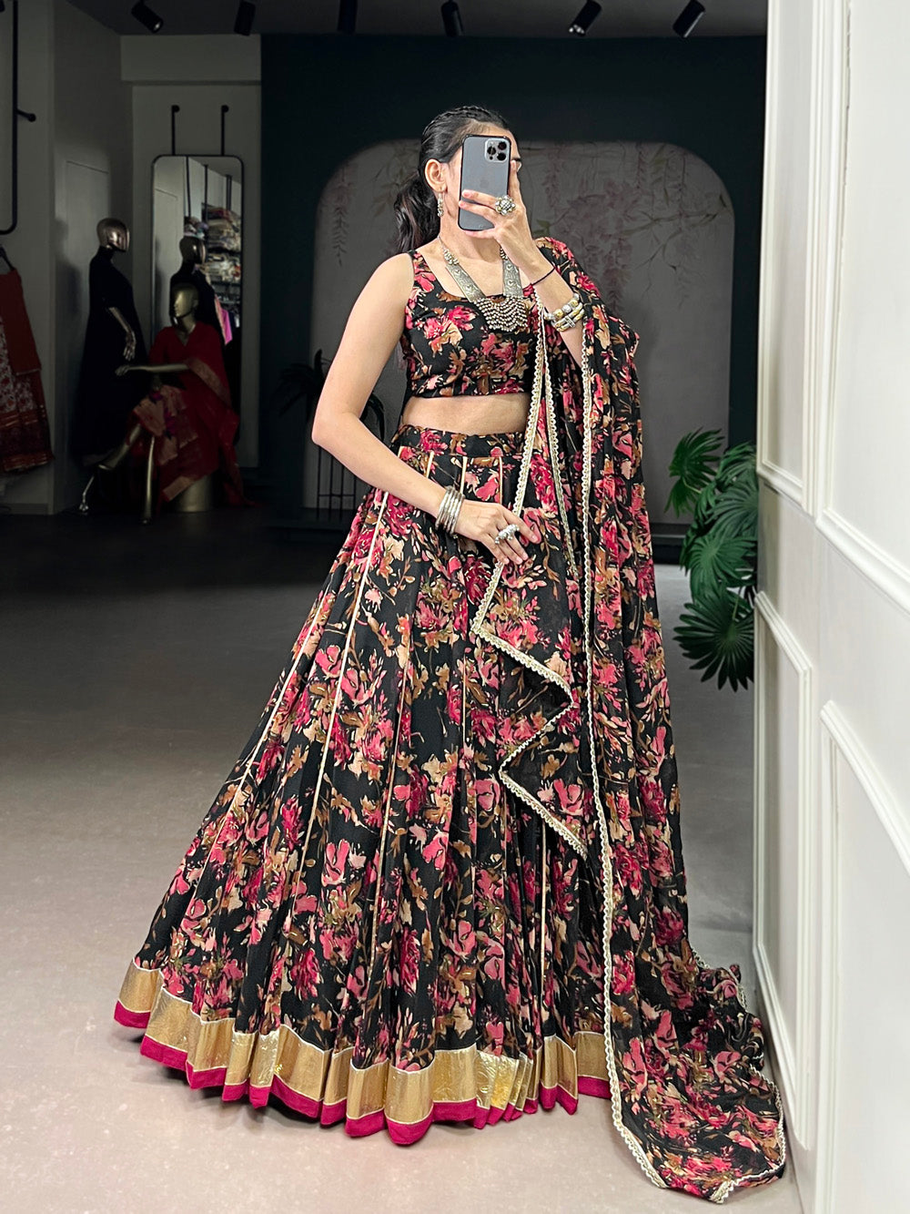 Black Color Floral And Foil Print With Embossed Design Chiffon Ghaghra choli